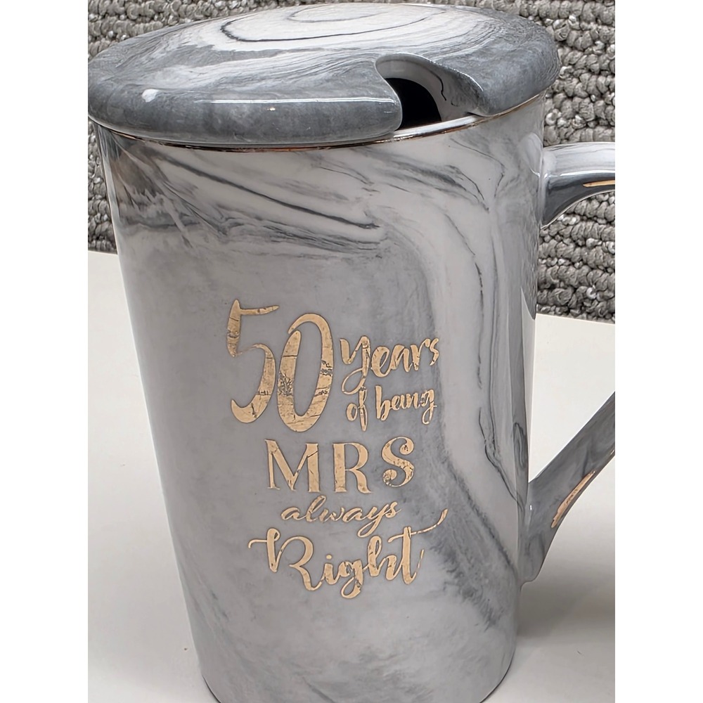 50th Anniversary Mr and Mrs Right Marble Ceramic Mug Set with Lids Grey Gold - Picture 2 of 7